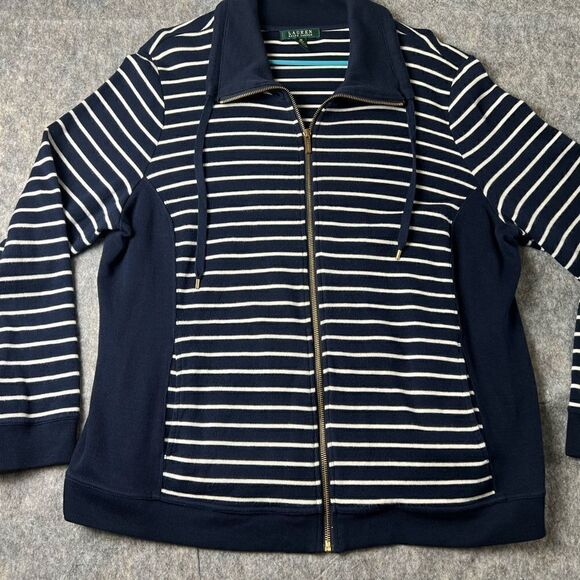 Lauren Ralph Lauren Sweater Jacket Womens 2X Navy Blue Striped Pockets - Picture 1 of 9